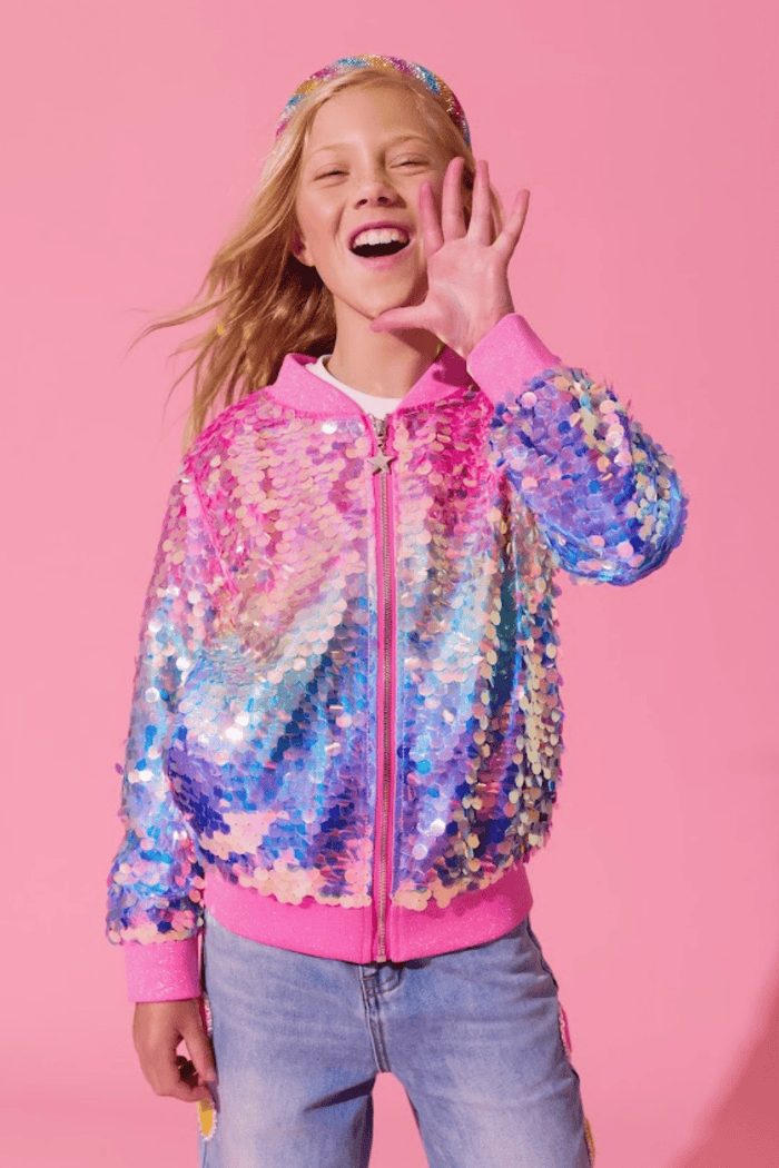 Lola + The Boys Jacket Holographic Rainbow Paillette Bomber