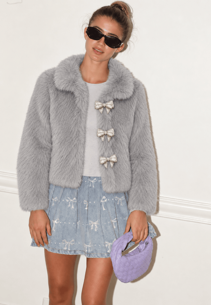 Lola + The Boys Jacket Pearly Bow Faux Fur Coat