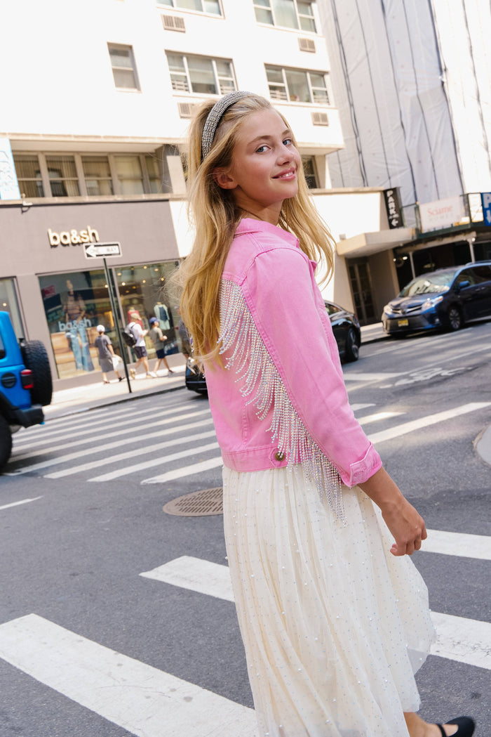 Lola-spring-25 Jacket Pink Crystal Tassel Denim Jacket