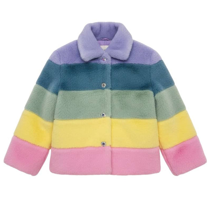 Lola + The Boys Jacket Rainbow Stripe Faux Fur Jacket