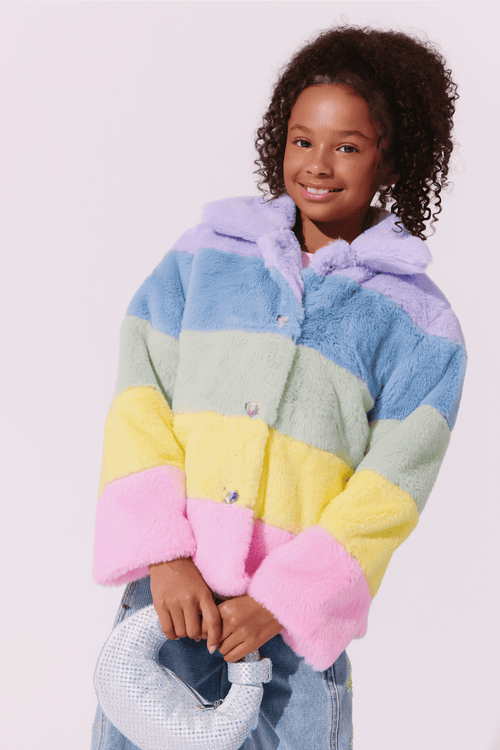 Lola + The Boys Jacket Rainbow Stripe Faux Fur Jacket