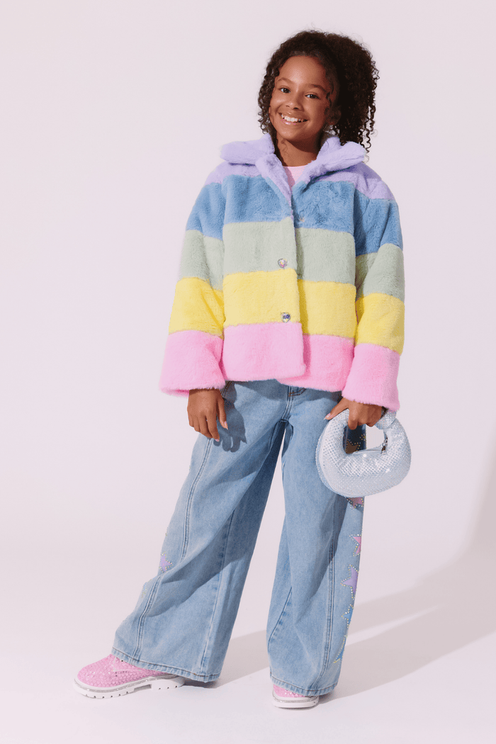Lola + The Boys Jacket Rainbow Stripe Faux Fur Jacket