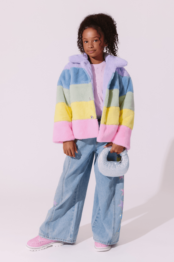Lola + The Boys Jacket Rainbow Stripe Faux Fur Jacket