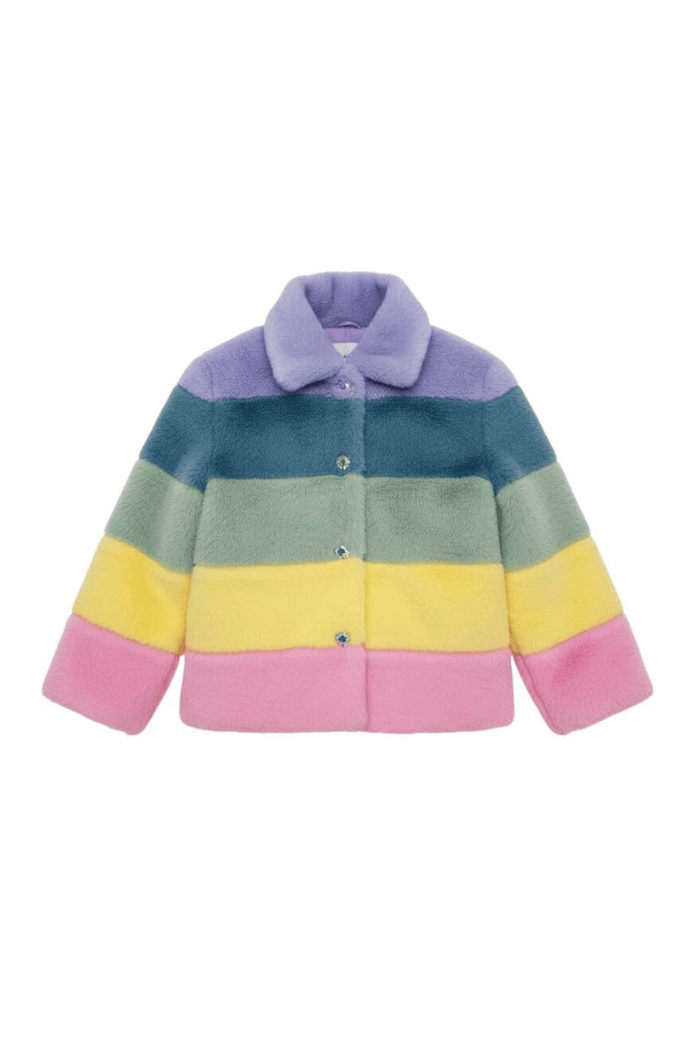 Lola + The Boys Jacket 2 Rainbow Stripe Faux Fur Jacket