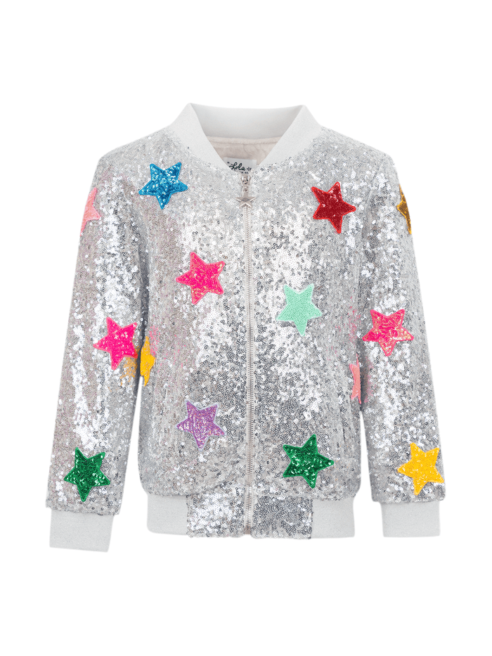 Lola + The Boys Jacket Sparkle Rainbow Star Sequin Bomber