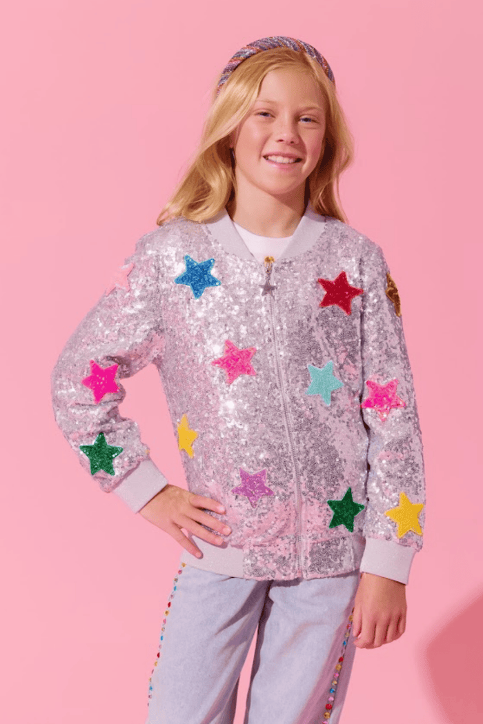 Lola + The Boys Jacket Sparkle Rainbow Star Sequin Bomber
