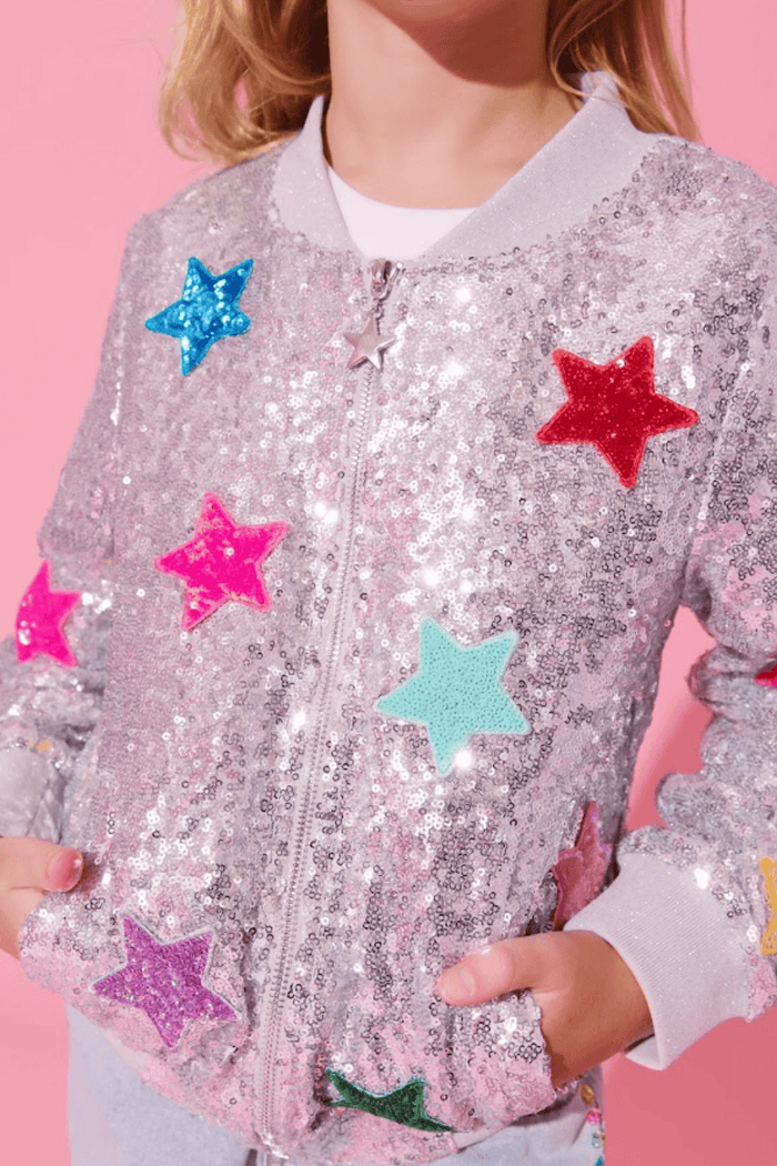 Lola + The Boys Jacket Sparkle Rainbow Star Sequin Bomber