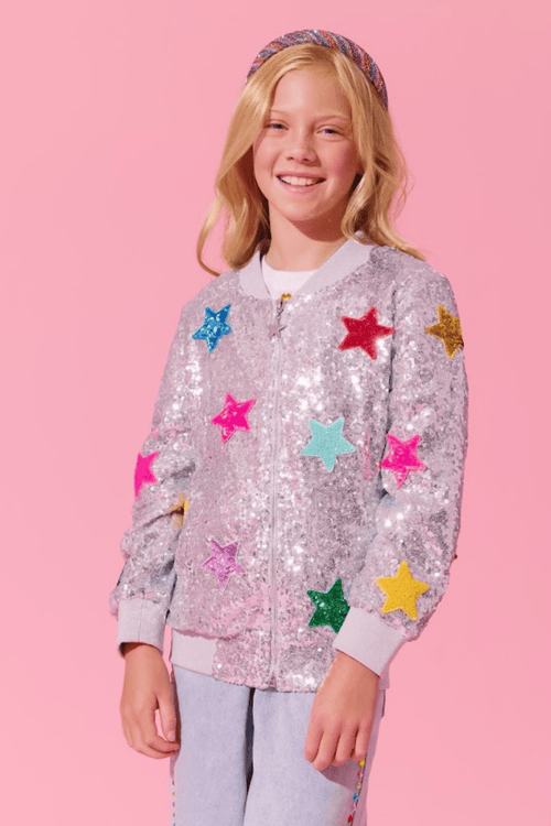 Lola + The Boys Jacket Sparkle Rainbow Star Sequin Bomber