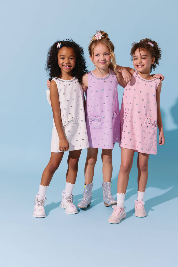 Lola-spring-25 Lavender Crystal Heart Denim Bow Dress