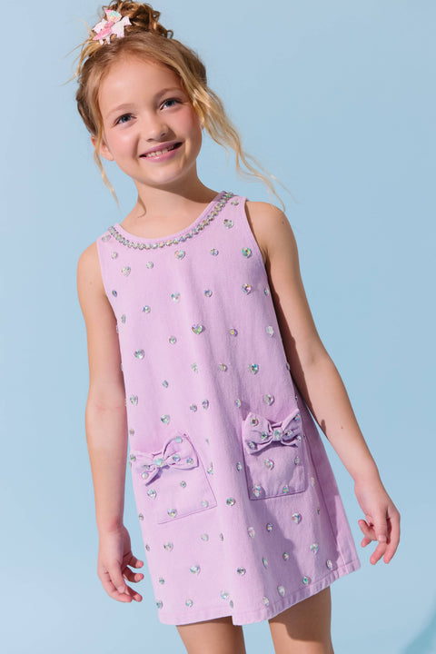 Lavender Crystal Heart Denim Bow Dress, 10