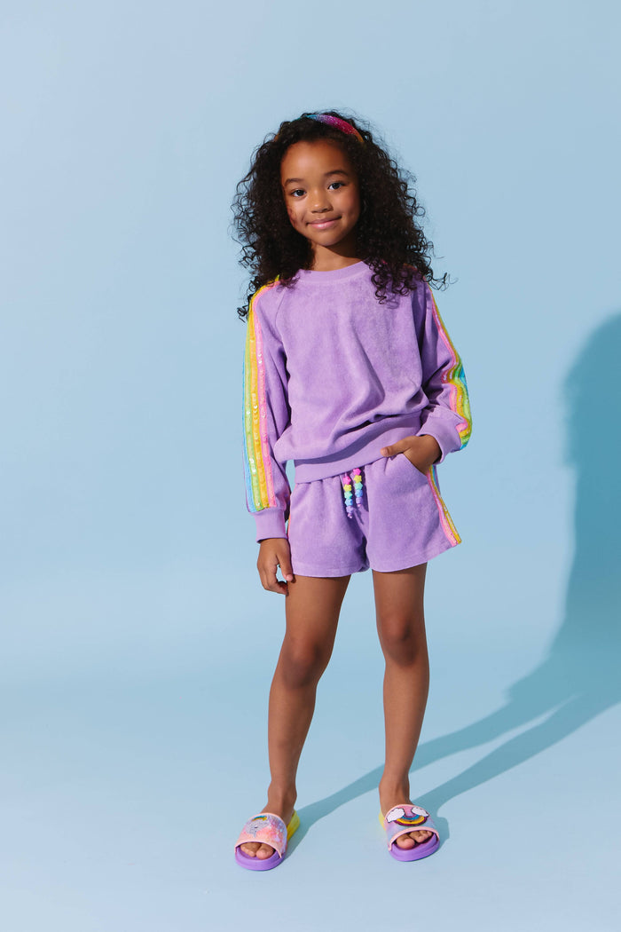 Lola-spring-25 Lavender Rainbow Sequin Stripe Short Set