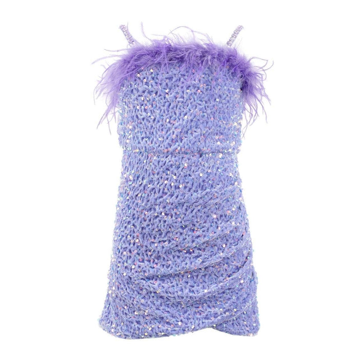 Lola + The Boys Lavender Shimmer Feather Mini Dress