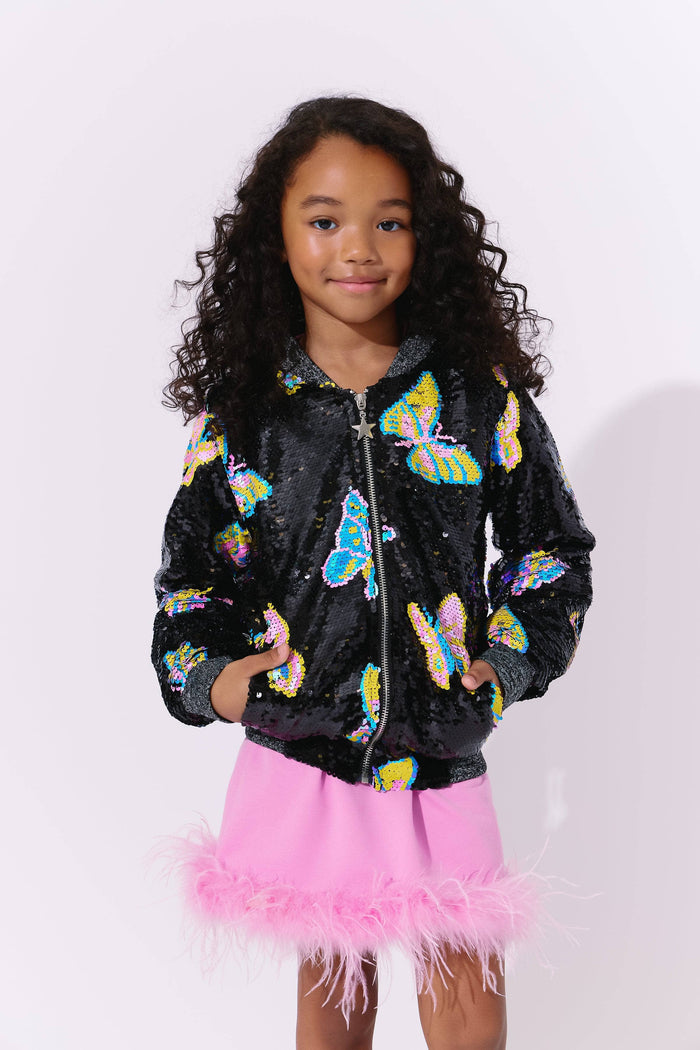 Lola + The Boys Magic Butterfly Sequin Bomber