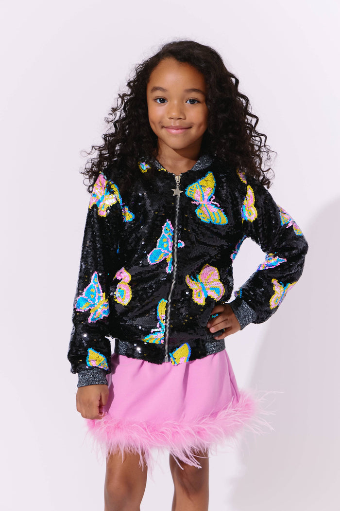 Lola + The Boys Magic Butterfly Sequin Bomber