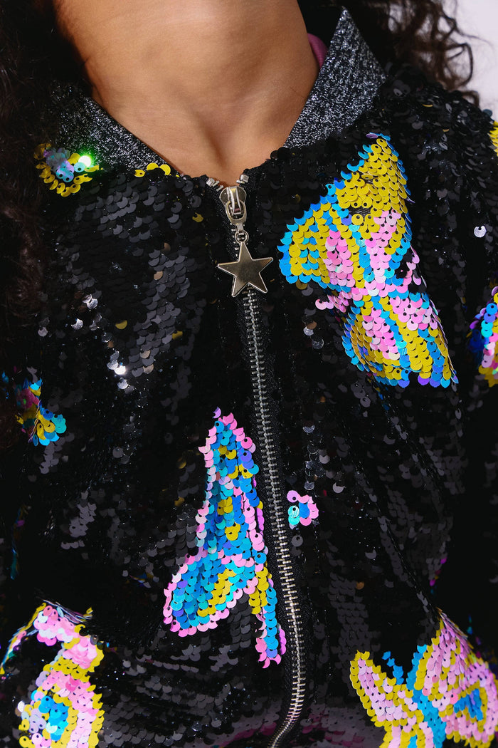 Lola + The Boys Magic Butterfly Sequin Bomber