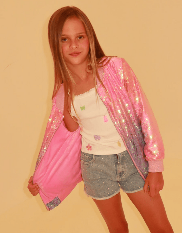 Lola + The Boys Outerwear Bubble Gum Shimmer Sequin Bomber