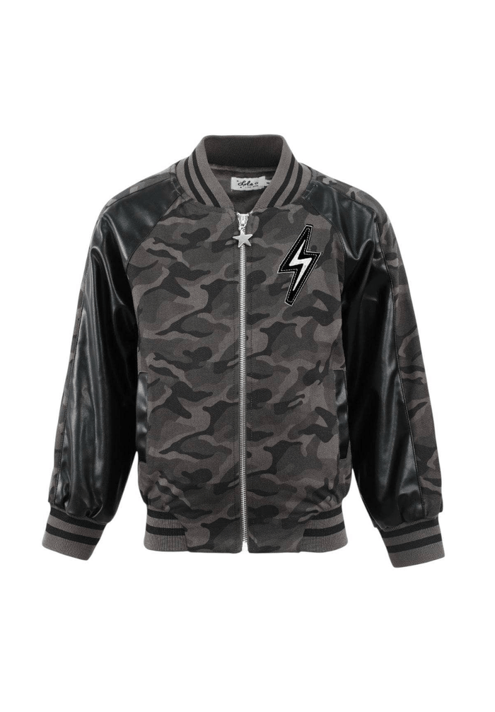 Lola + The Boys Outerwear Camo Flash Leather Bomber