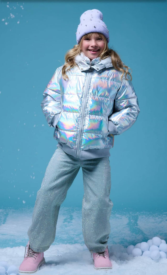Lola + The Boys Outerwear Hologram Rainbow Puffer