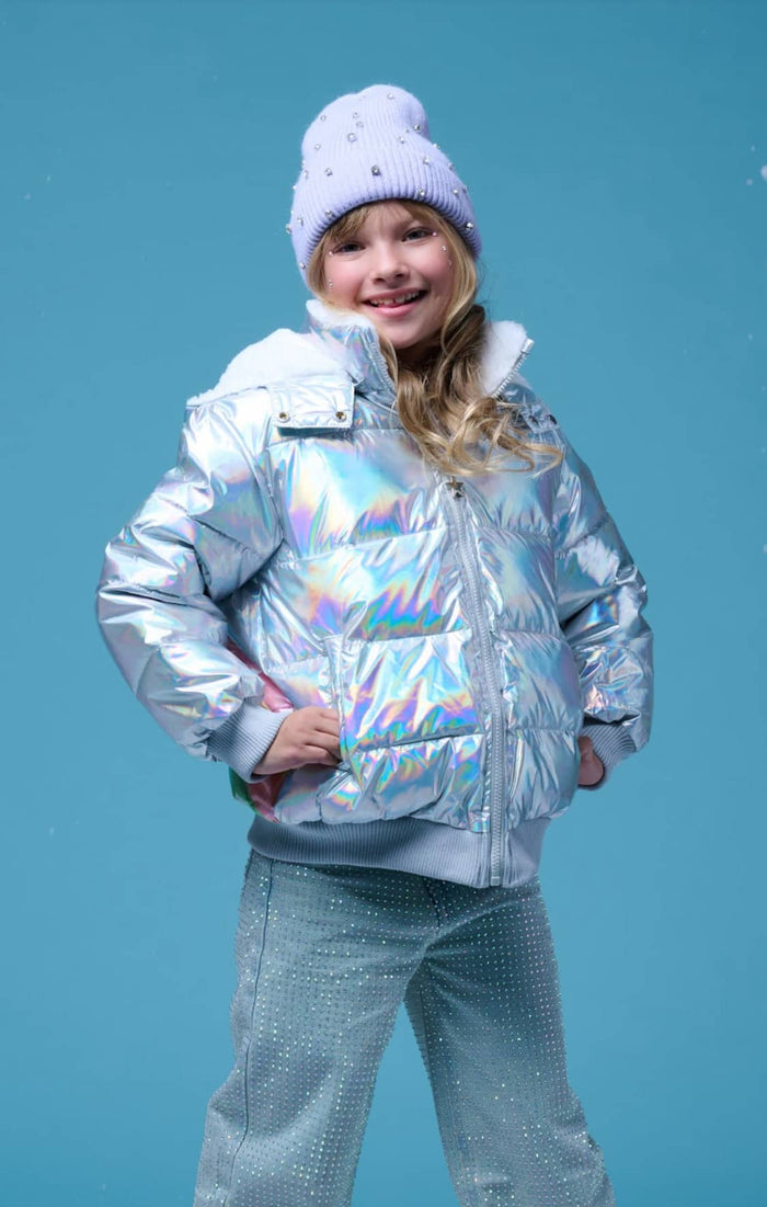Lola + The Boys Outerwear Hologram Rainbow Puffer