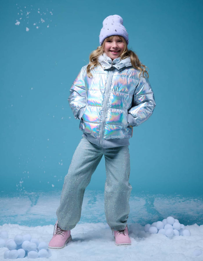 Lola + The Boys Outerwear Hologram Rainbow Puffer