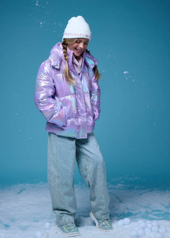 Lola + The Boys Outerwear Lavender Shiny Hologram Puffer