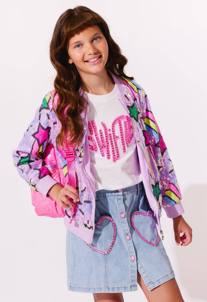 Lola + The Boys Outerwear Lavender Shooting Star Sequin Bomber