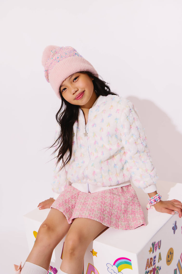 Lola + The Boys Outerwear Pastel Bows Fuzzy Bomber
