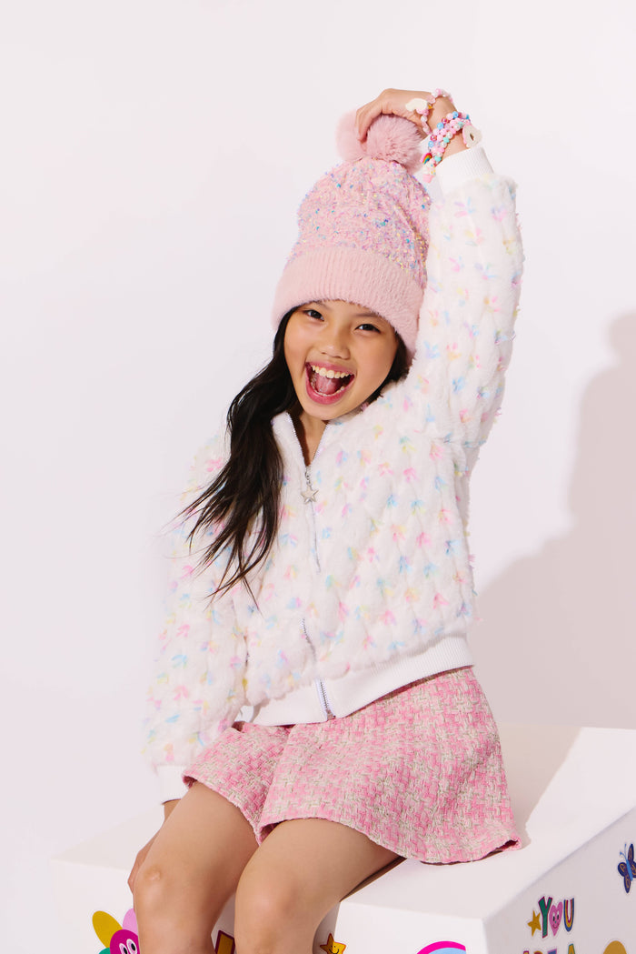Lola + The Boys Outerwear Pastel Bows Fuzzy Bomber