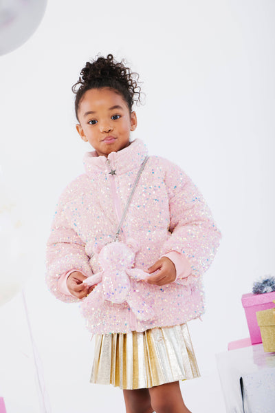 Lola + The Boys Outerwear Pink Sequin Puffer Coat With Bear Purse