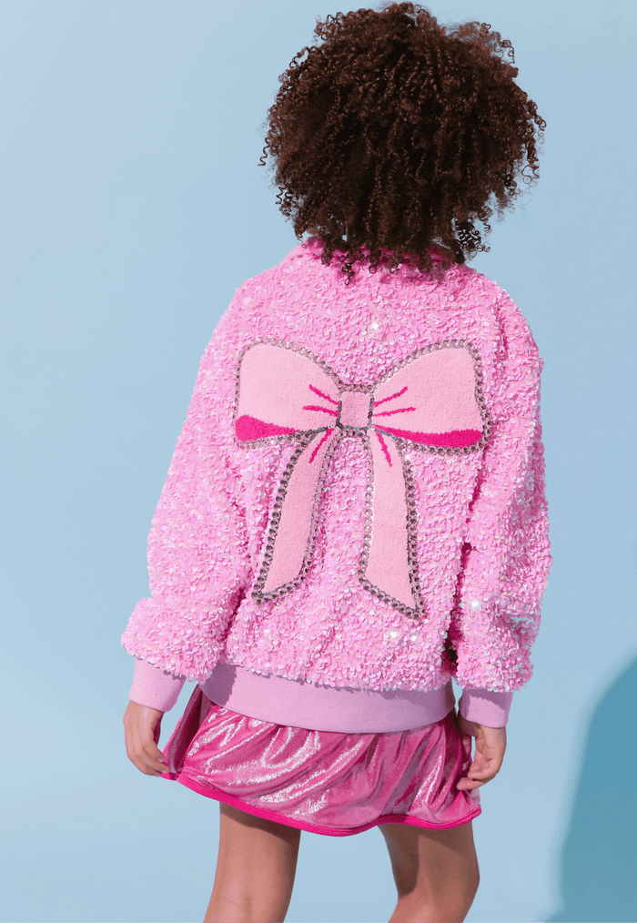 Lola + The Boys Outerwear Pretty in Pink Bow Sequin Bomber