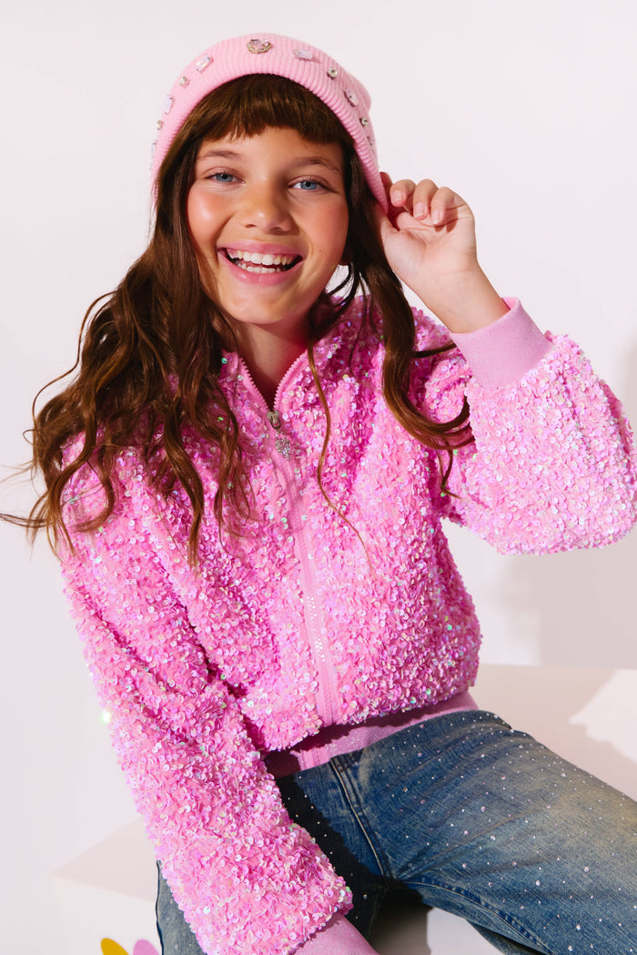 Lola + The Boys Outerwear Pretty in Pink Bow Sequin Bomber