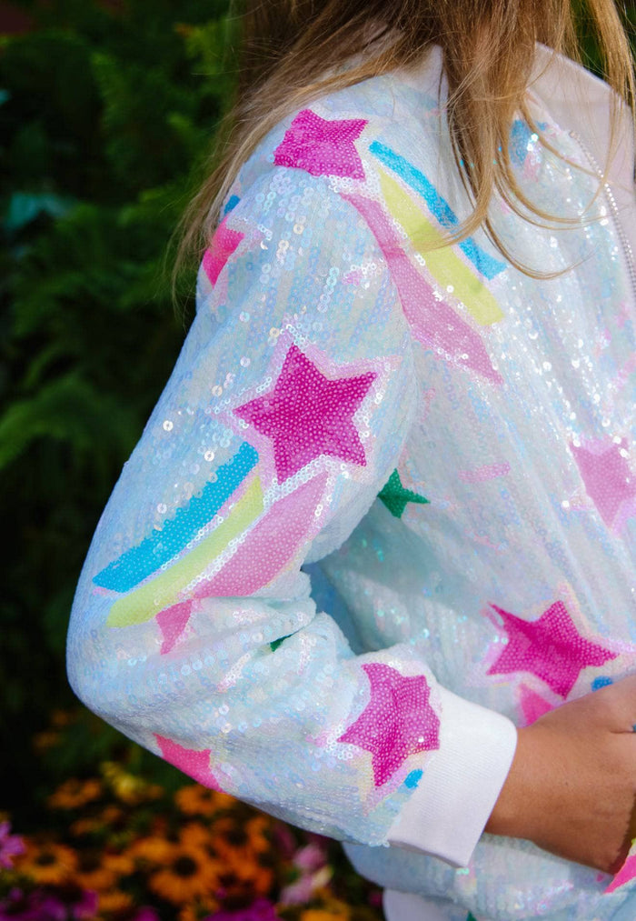 Lola + The Boys Outerwear Rainbow Shooting Star Sequin Bomber