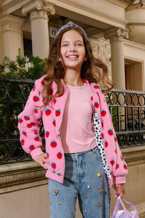 Lola + The Boys Outerwear Strawberry Fuzzy Bomber
