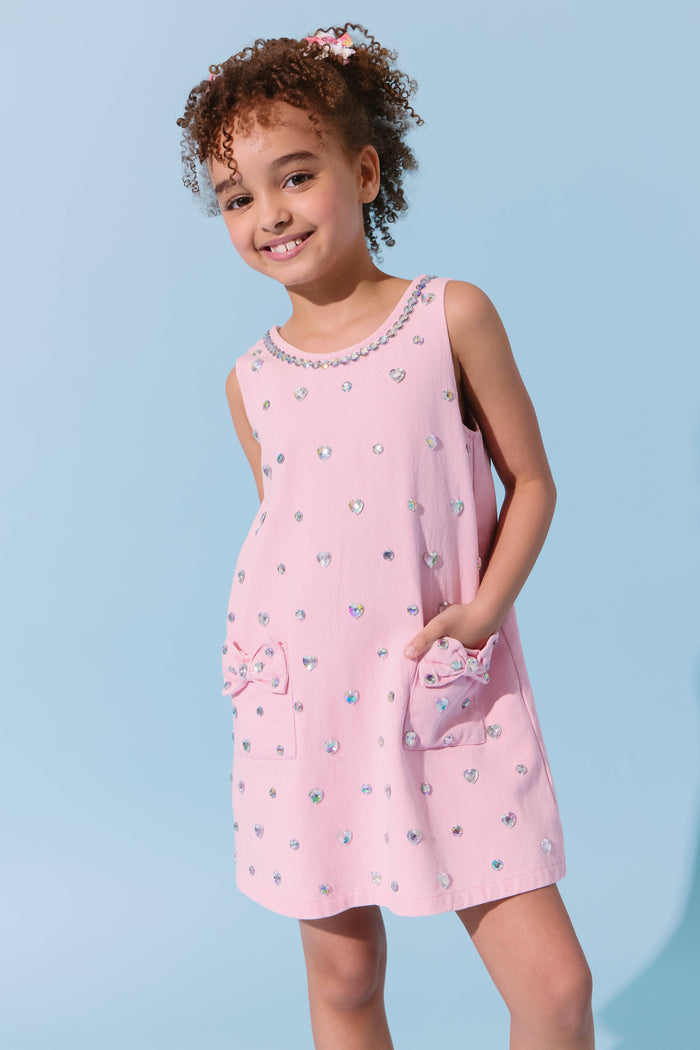 Lola + The Boys Pink Crystal Heart Denim Bow Dress