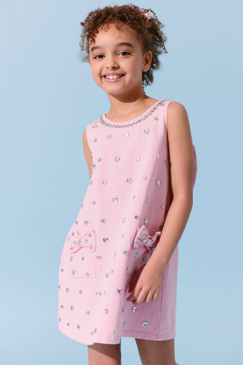 Lola + The Boys Pink Crystal Heart Denim Bow Dress