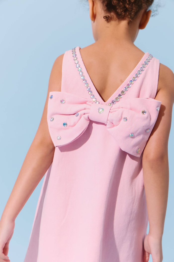 Lola + The Boys Pink Crystal Heart Denim Bow Dress