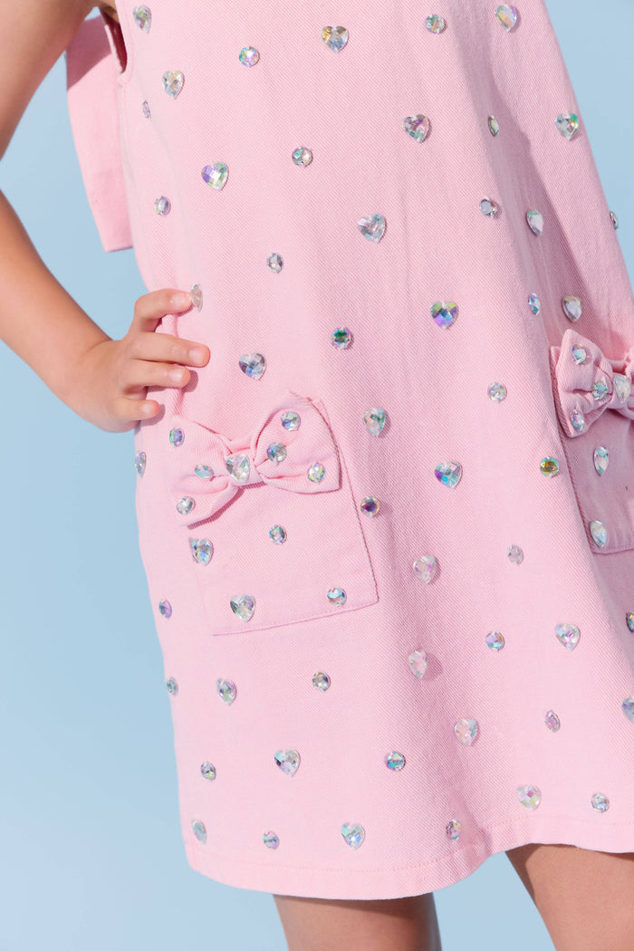 Lola + The Boys Pink Crystal Heart Denim Bow Dress