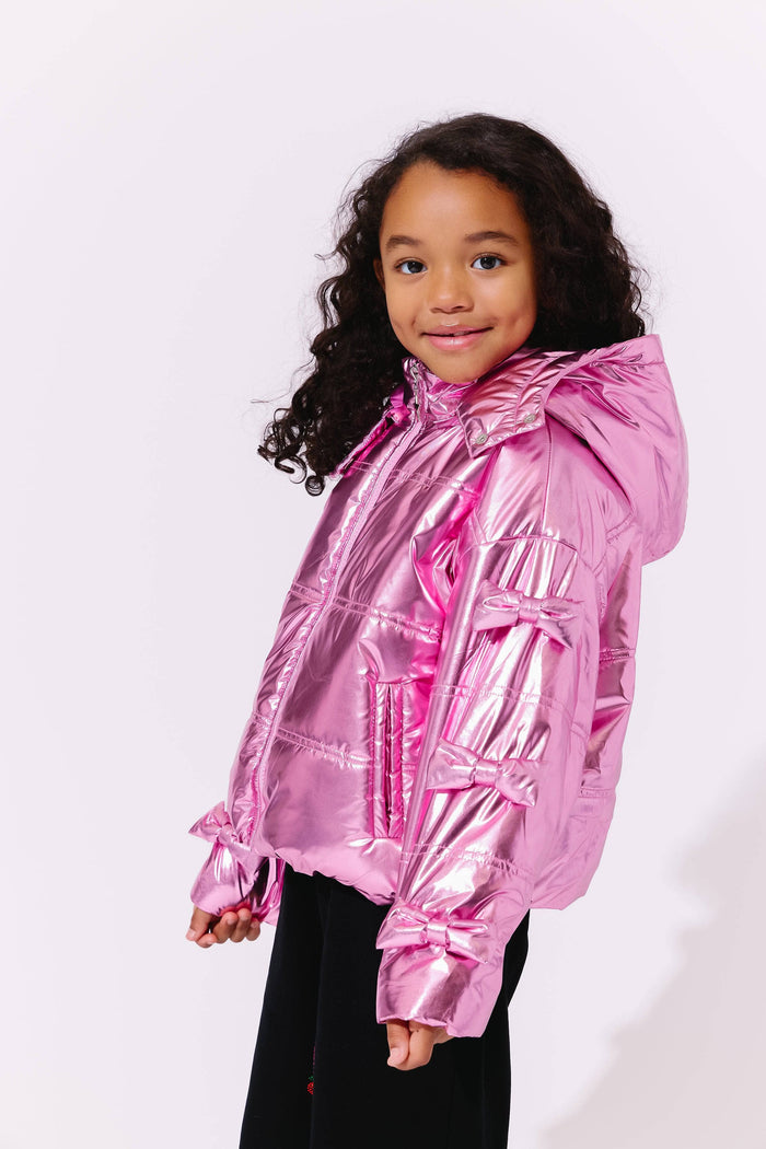Lola + The Boys Pink Hologram Bows Puffer
