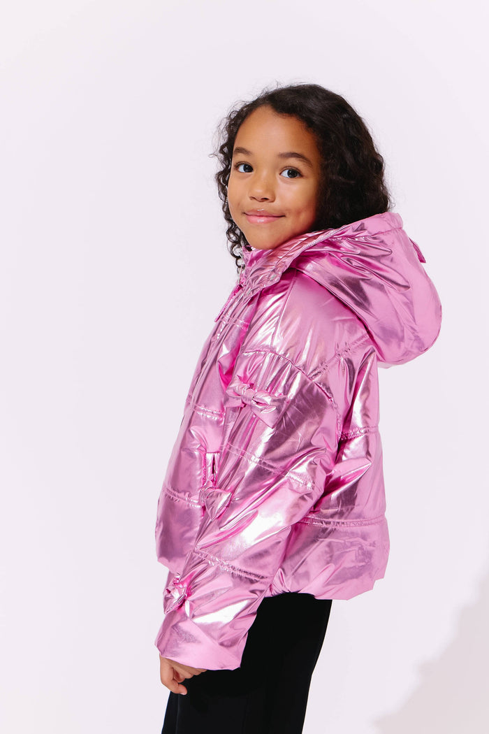 Lola + The Boys Pink Hologram Bows Puffer