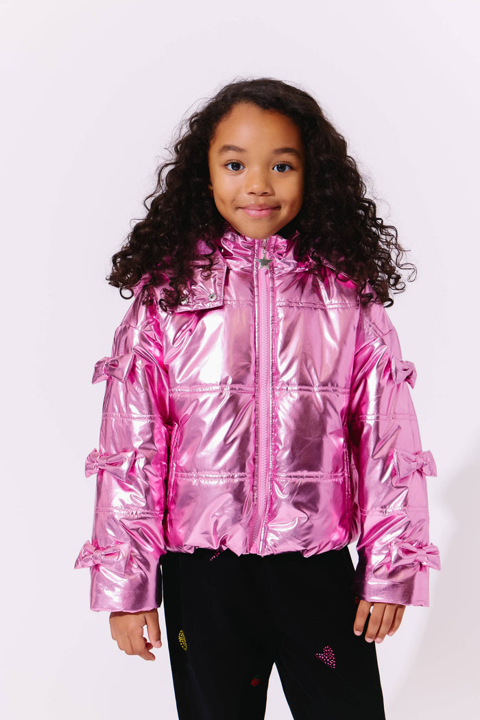 Lola + The Boys Pink Hologram Bows Puffer