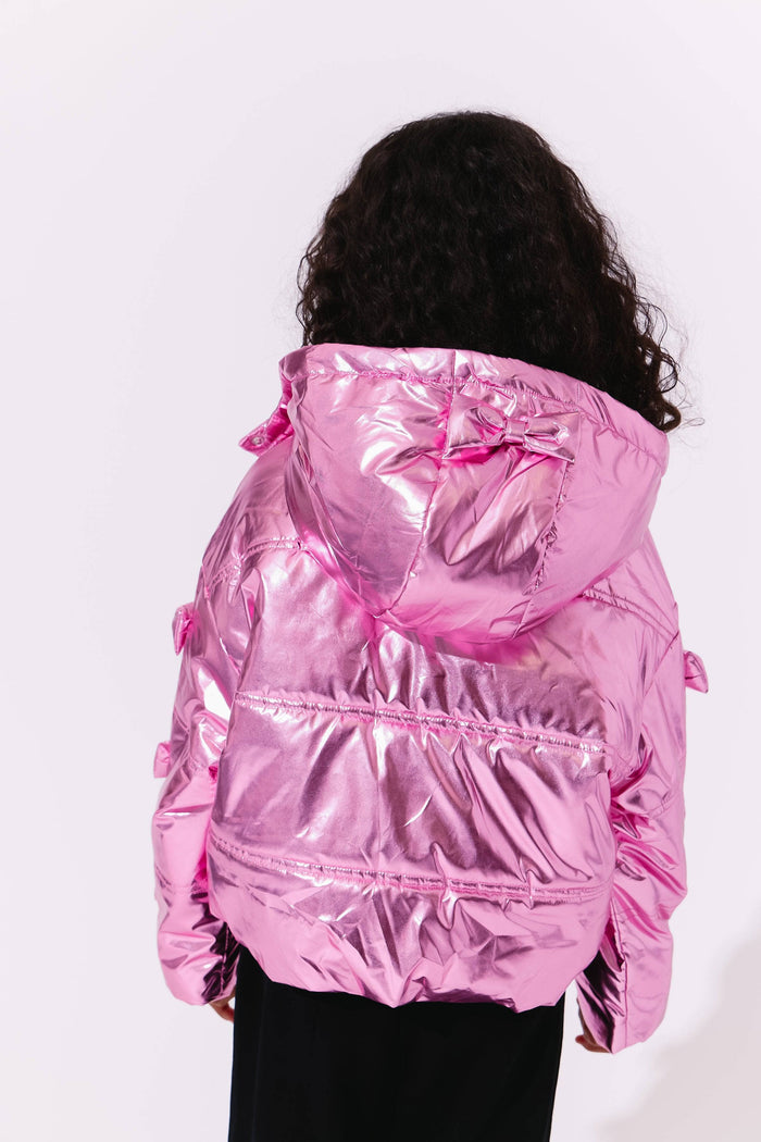 Lola + The Boys Pink Hologram Bows Puffer