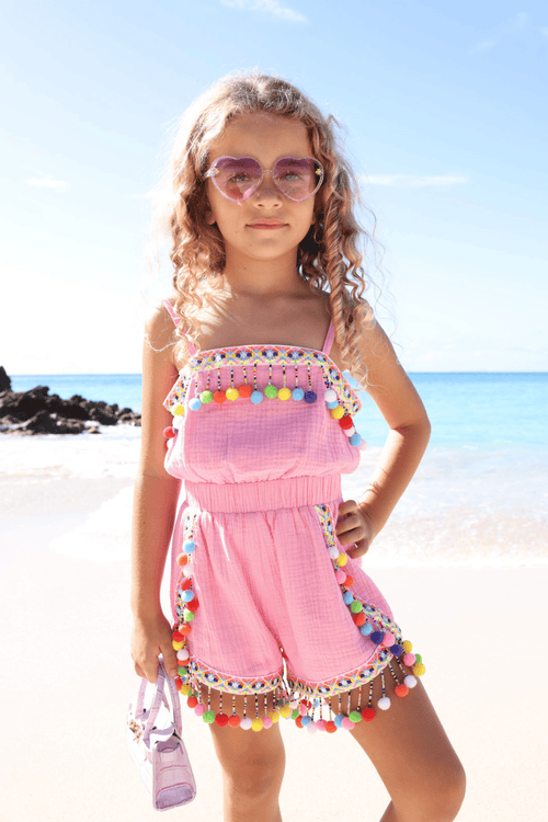Lola + The Boys 2 Pink Rainbow Pom Pom Romper