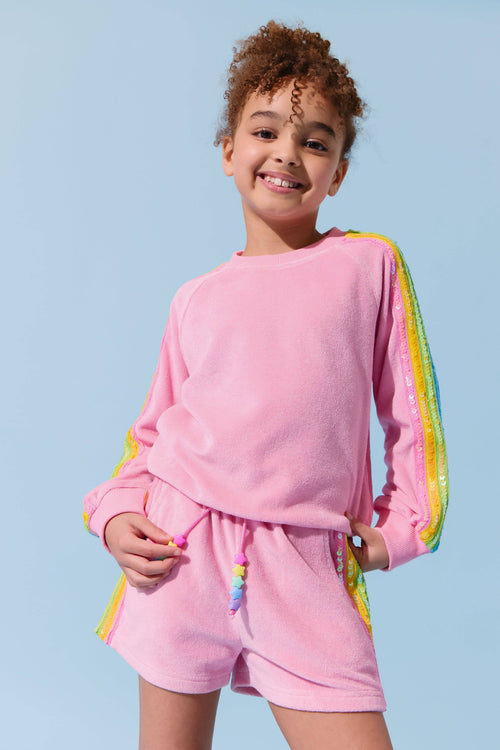 Lola-spring-25 Pink Rainbow Sequin Stripe Short Set