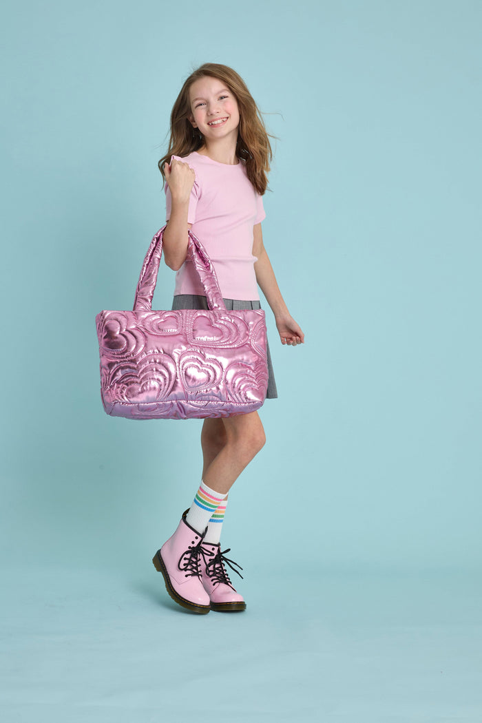 Lola + The Boys Pink Shinning Heart Puffy Overnight Bag