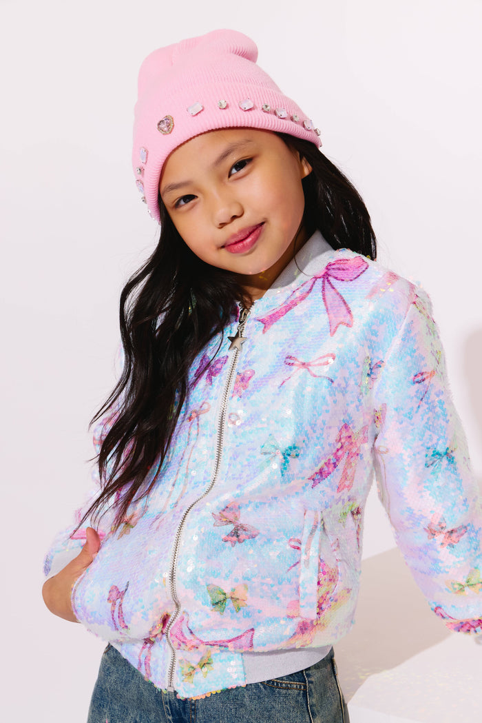 Lola + The Boys Pretty Bows Sequin Bomber