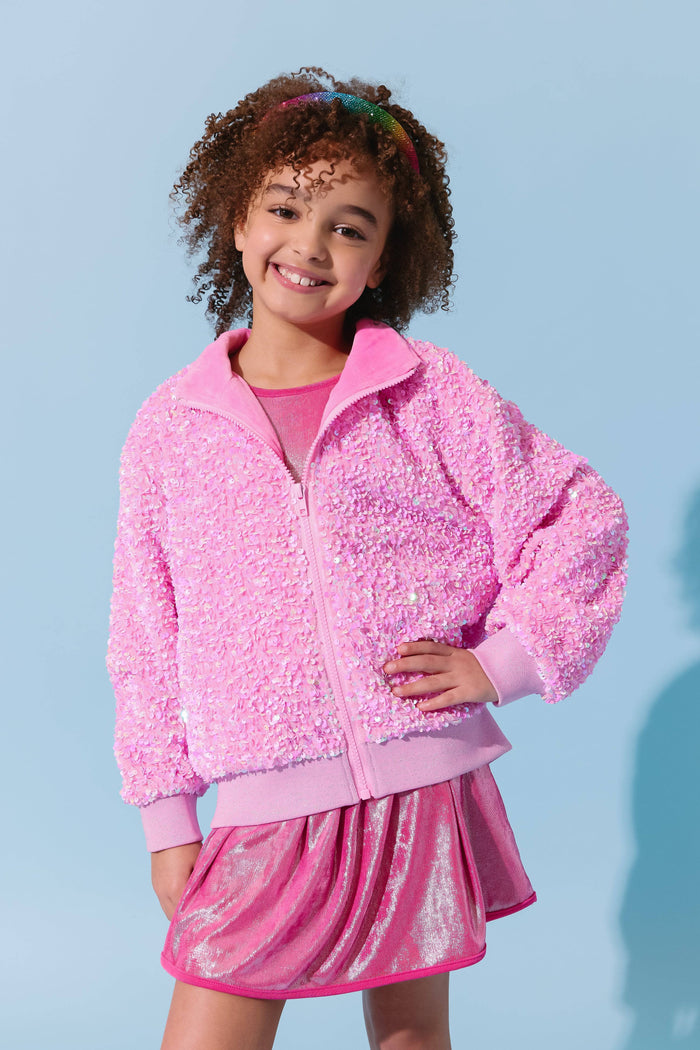 Lola + The Boys Pretty in Pink Bow Sequin Bomber