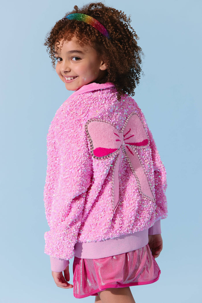 Lola + The Boys Pretty in Pink Bow Sequin Bomber