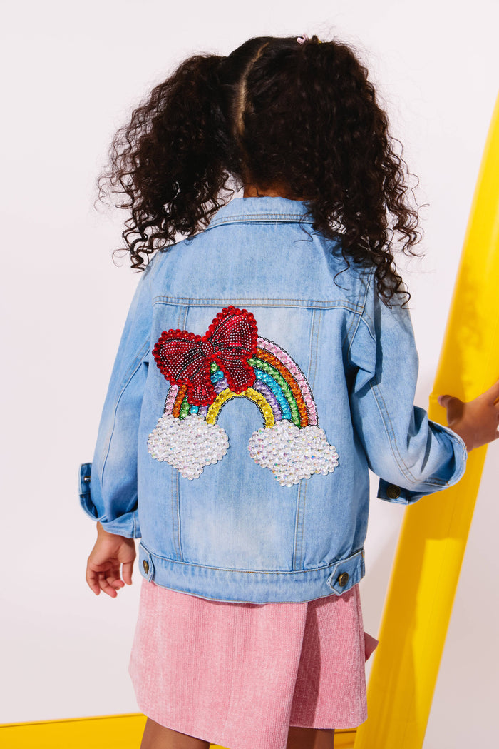 Lola + The Boys Rainbow Bow Gem Denim Jacket