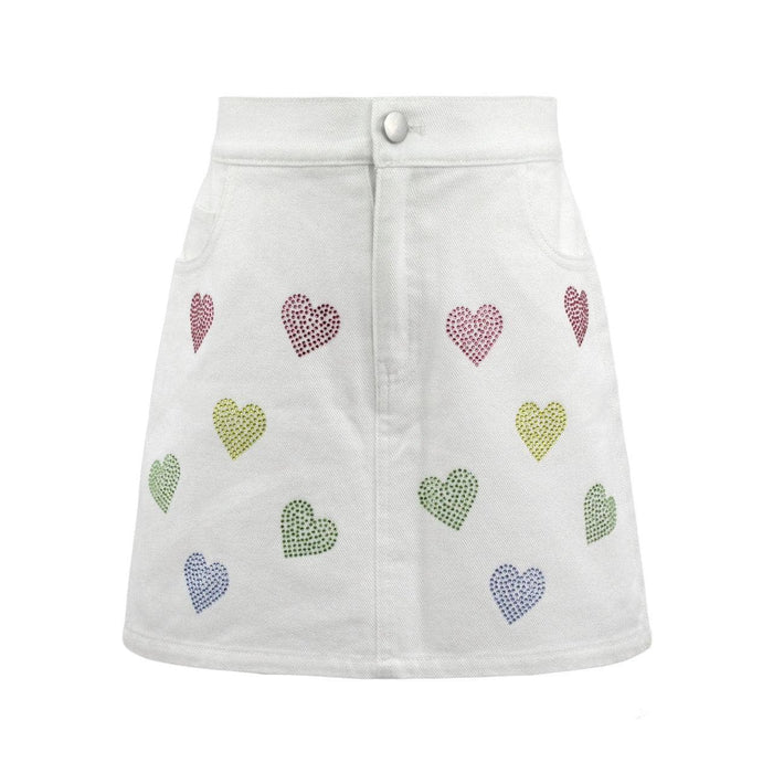 Lola + The Boys Rainbow Crystal Hearts Denim Skirt