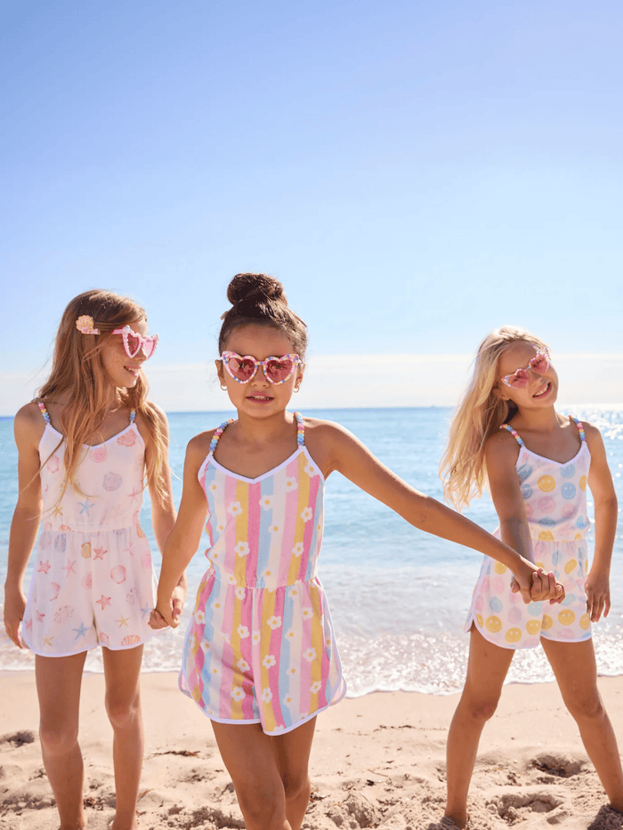 Lola + The Boys Rainbow Daisy Beaded Hearts Romper